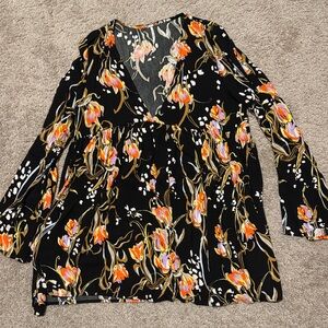 Free People Black Floral Blouse with Orange Accents